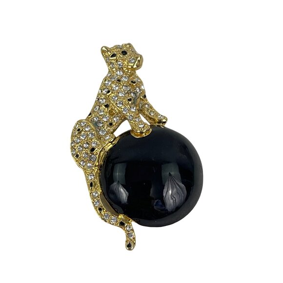 Gold Leopard Brooch Pin With Black Onyx and  Rhinestone Accents - Picture 5 of 8